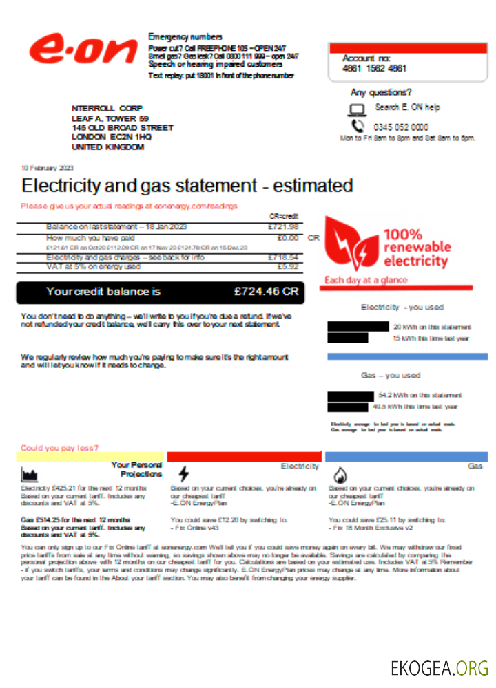 Facture d'entreprise de services publics d'E.ON au Royaume Uni, SCR1